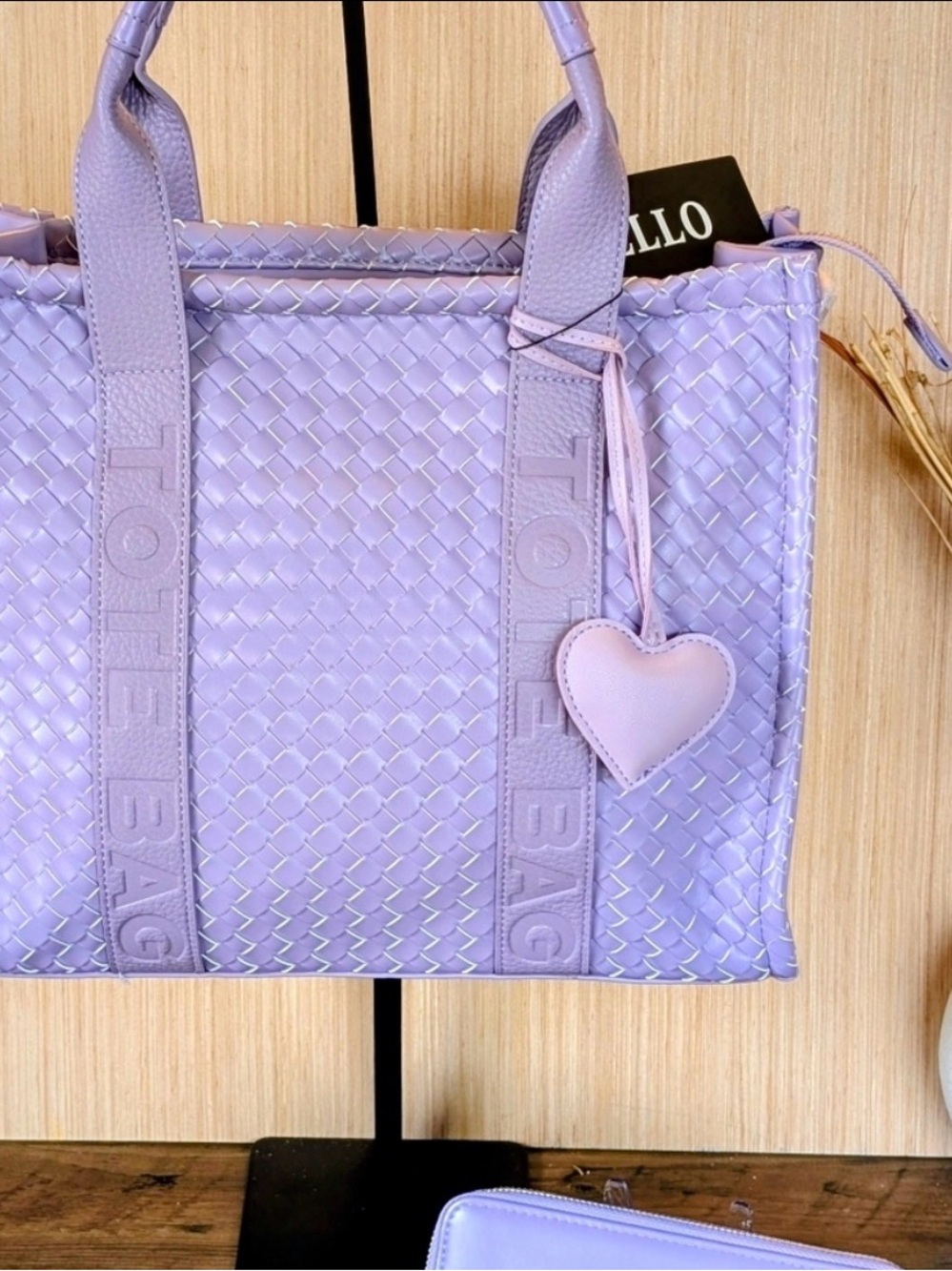 Lavender Woven Tote Bag with Heart Charm-Lavender
